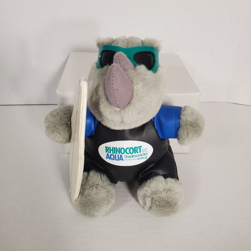Rhinocort Aqua‎ Nasal Spray Plush Stuffed Animal Rhinoceros Surfboard Soft Toy - Picture 1 of 13